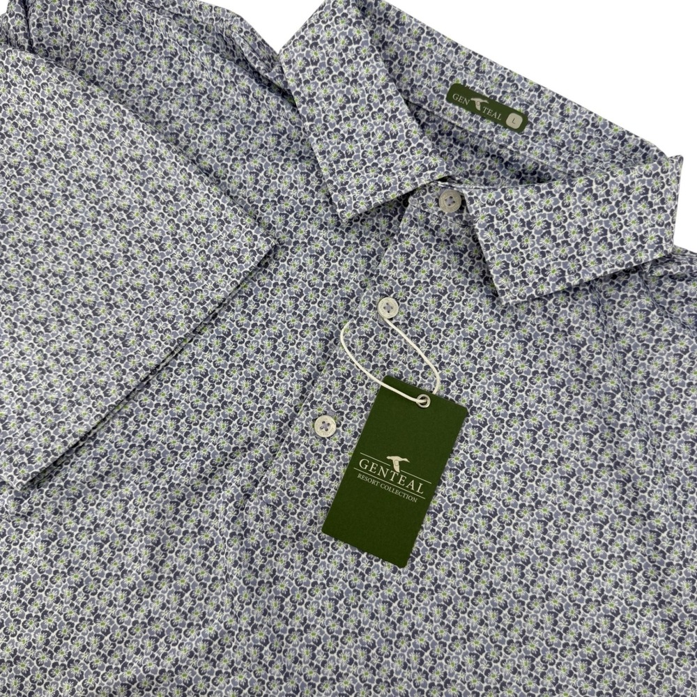 NEW GenTeal Mens Violet Hibiscus Printed Performance Polo Shirt Large Golf